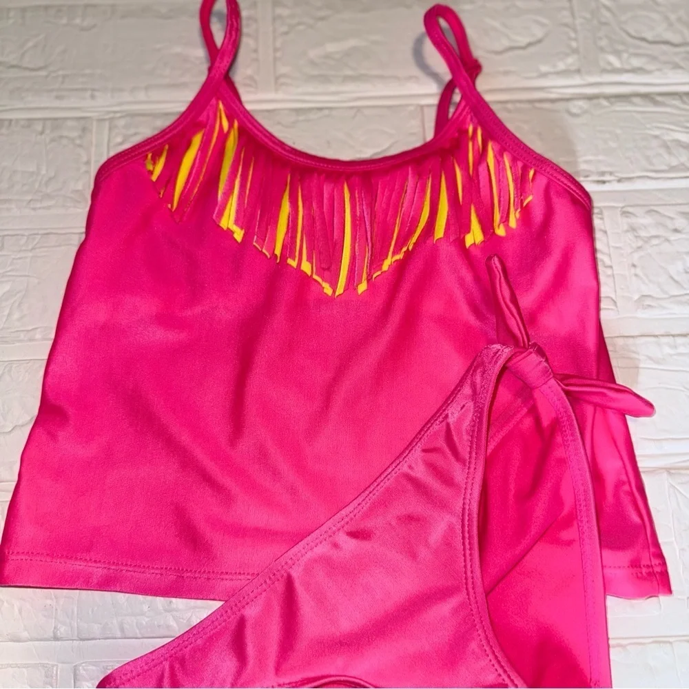 Kids Sugar & Jade Pink and Yellow Fringe Bikini Set S (8)